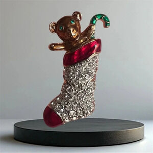 Carolee Vintage Teddy Bear Candy Cane Gloss Red Enamel with Rhinestones Brooch